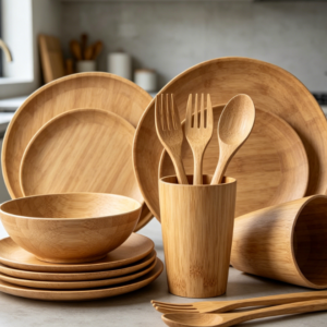 Eco-Friendly Reusable Bamboo Fiber Tableware Set For Two