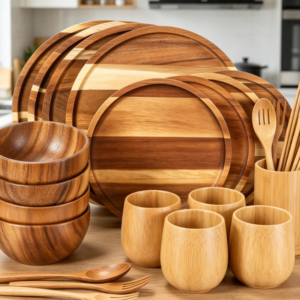 Acacia Wood Round Plates, Bowls, And Cups (Lightweight & Easy-To-Clean)