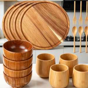 Complete Acacia Wood Tableware Set For Four (Lightweight & Easy-To-Clean)