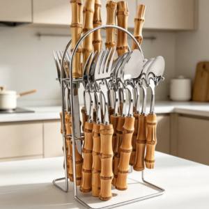 Bamboo-Handled Stainless Steel Cutlery Set (Mirror-Polished Finish)
