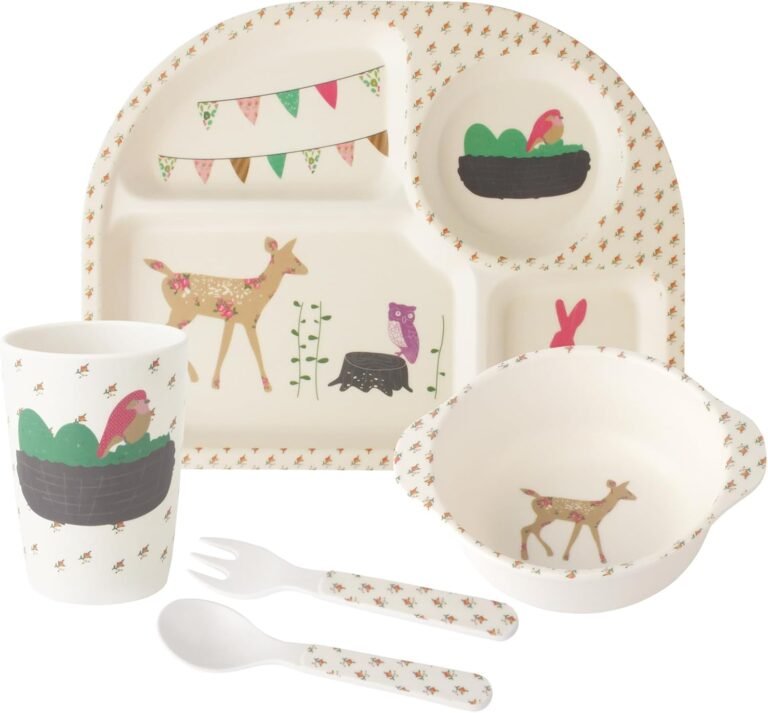 Bamboo toddler cutlery set, 5-piece baby plate set, bamboo plate and bowl set, Christmas cutlery set, children's cutlery set, includes plates, bowls, cups, forks, and spoons