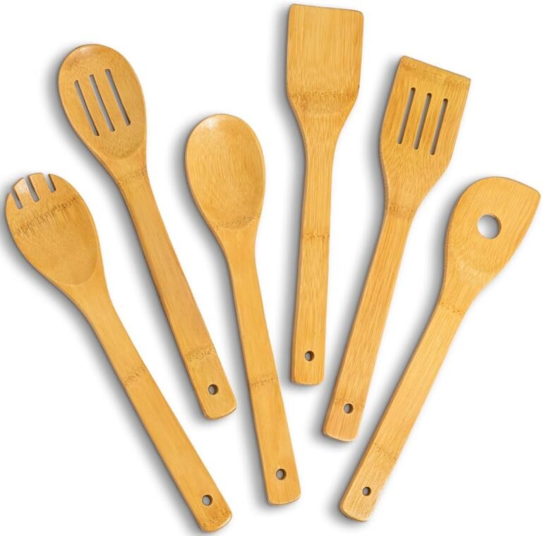 Bamboo and wood cooking spoons, 6-piece set, 12 Inch-sized, non-stick wooden kitchen utensil set, natural and durable wooden spatula and spoon, suitable for non-stick cooking.