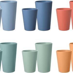12-piece straw cup set (6 20oz and 6 12oz shatterproof drinking cups), reusable plastic cup set, microwave and dishwasher safe, BPA-free, available in 6 colors.