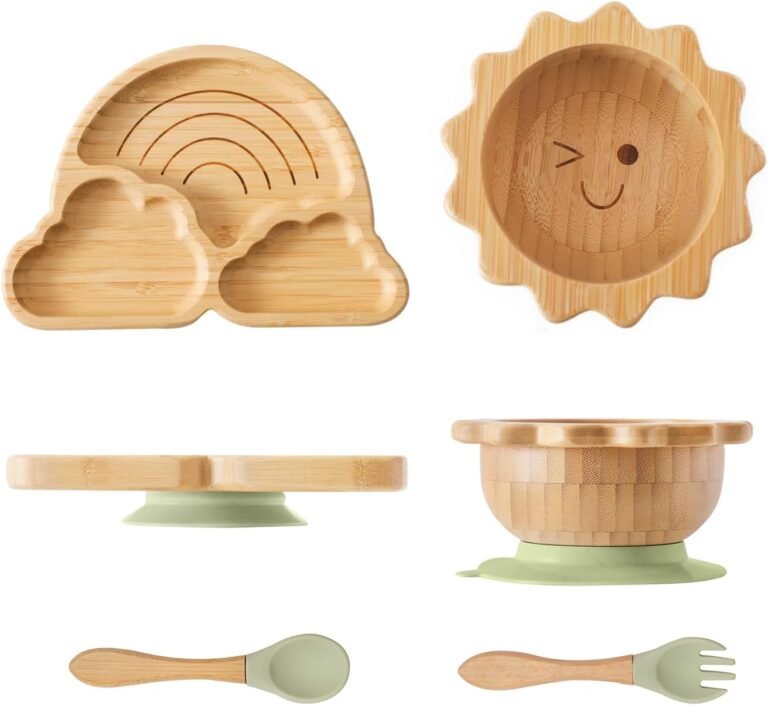 Bamboo suction bowl set, suitable for infants and toddlers, divided plates, food bowls, with silicone forks and spoons, all-natural baby feeding set, suitable for weaning babies, non-slip design