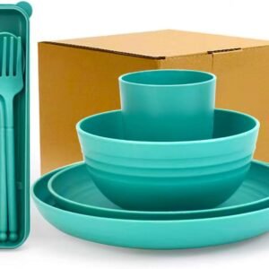 4-Piece Unbreakable Wheat Straw Dinnerware Set with Cutlery, Reusable, Lightweight and Eco-friendly, Microwave/Dishwasher Safe, Suitable for Travel, Camping, Kitchens, RVs, Apartments, Dormitories, Parties