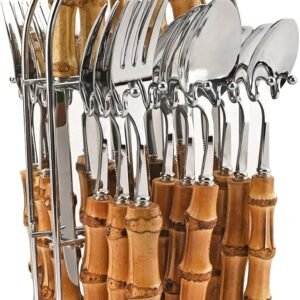24-Piece Bamboo Flatware Set, Silver Stainless Steel Tableware Set With Cutlery Holder, Kitchen Utensils For Home And Restaurant Daily Use, Mirror Polish, Service For 6