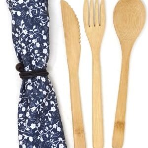 3-piece Japanese-style creative eco-friendly bamboo tableware set, reusable, with vintage storage bag. Spoons, forks, and knives