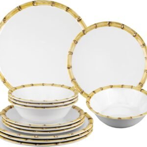 12 Piece Bamboo Melamine Dinnerware Sets, Outdoor Dishes Set, Plates and Bowls Sets, Service for 4, White