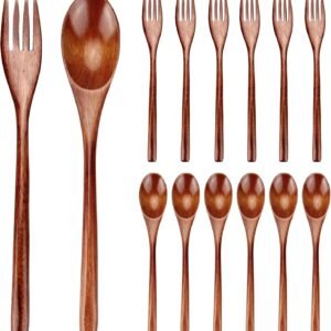 12 Pieces Wooden Forks and Spoons for Eating Utensil Set Lunch Wooden Cutlery Japanese Silverware Sets Flatware Reusable Bamboo Small Utensils Korean Mini Wooden Spoon Fork Set