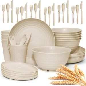42-Piece Wheat Straw Cutlery Set, Large Round Plate, Bowl, and Cup, Unbreakable, Dishwasher and Microwave Safe, Outdoor Cutlery (Beige)