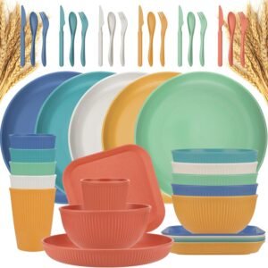 42-piece plate and bowl set; straw cutlery set; 6-person serving; unbreakable; dishwasher and microwave safe; cup set; plate and bowl set; suitable for kitchen use
