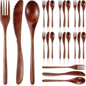 24 Pcs Wooden Utensils for Eating Wooden Spoon Fork Knife Cutlery Set Kitchen Wood Dinner Flatware Tableware Set Includes Spoon, Fork, Knife