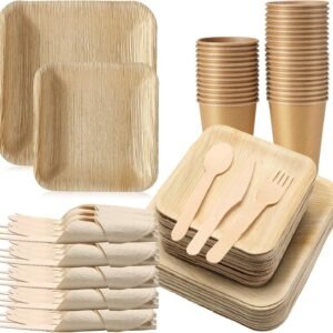 350-Piece Palm Leaf Disposable Cutlery Set, for 50 guests, includes 50 square palm leaf plates, 50 dessert plates, 50 forks, 50 spoons, 50 knives, 50 cups, and 50 napkins, suitable for weddings, birthday parties, etc.