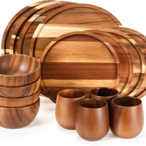 16 Pcs Acacia Wood Dinnerware Set, Round Wooden Plates,Solid Wooden Bowls and Tea Cups, Acacia Wood Tableware Supplies, Easy Cleaning & Lightweight for Dishes Snack, Dessert, Set for 4