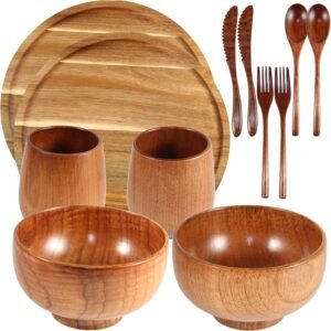12 Pcs Acacia Wood Dinnerware Set 10 Inch Round Wooden Plates Bowls Tea Cups Fork Spoons Cutlery Knife Acacia Wood Tableware Supplies Easy Cleaning for Dishes Snack Dessert, 2 Set