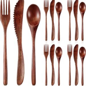 12 Pcs Wooden Utensils for Eating Wooden Spoon Fork Knife Cutlery Set Kitchen Wood Dinner Flatware Tableware Set Includes Spoon, Fork, Knife