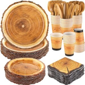 400 Pieces Wood Slice Disposable Tableware Sets, Rustic Wood Party Supplies with Plates Cups Napkins Cutlery Serves 50 for Birthday Hunting Forest Themed Party Decorations