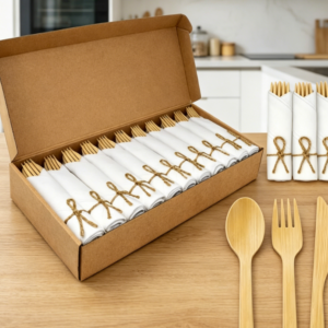 Disposable Bamboo Cutlery With Napkins (Individually Wrapped For Picnics & Weddings)