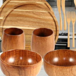 Acacia Wood Tableware Set (Plates, Bowls, Cups, And Cutlery)