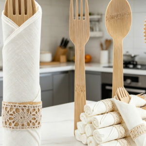 Bamboo Cutlery Set With Pre-Rolled Napkins (Disposable Party Supplies)